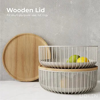 Metal Wire Mesh Fruit Basket with Wooden Lid (Fly-Proof)