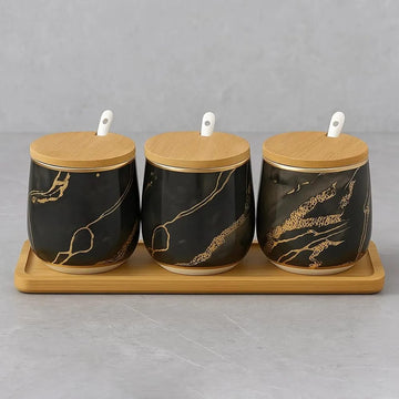 Premium Grey Aurora Marble Ceramic Condiment Jar Set – 3 Pieces (350ml Each)