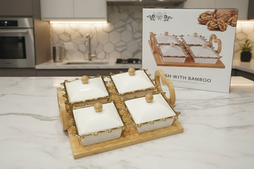 4-Piece Ceramic Snack & Condiment Dish Set with Bamboo Tray