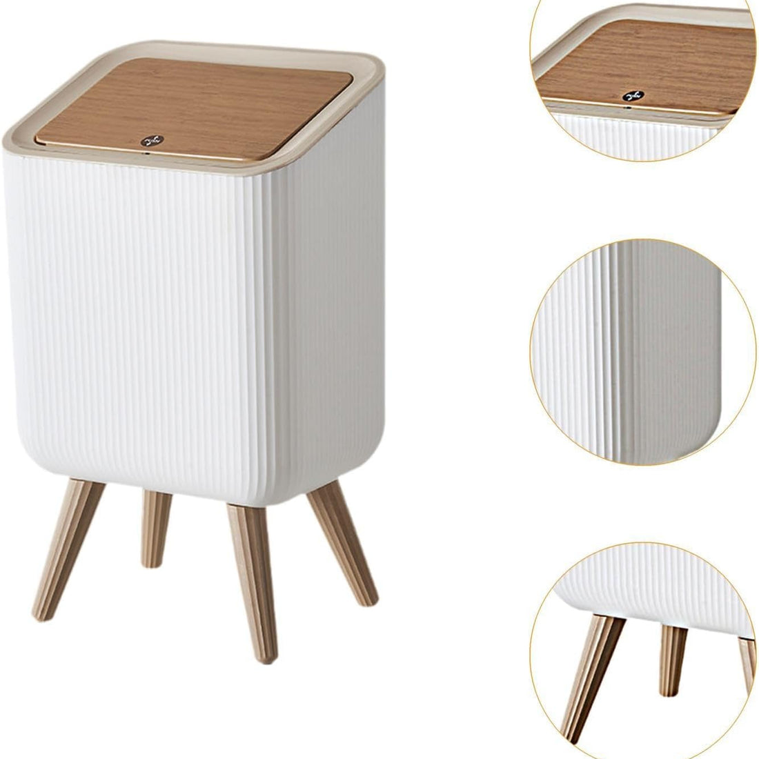 Modern Nordic-Style Push Top Trash Can with Wooden Lid &Leg
