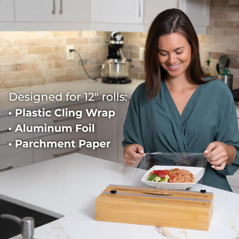 Bamboo Wood Plastic Wrap Dispenser with Slide Cutter, Aluminum foil Parchment Paper Cling Wrap Organizer Dispenser