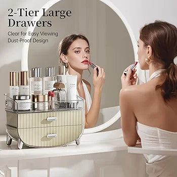 2-Tier Fluted Makeup Organizer with Drawers – Cream & Silver