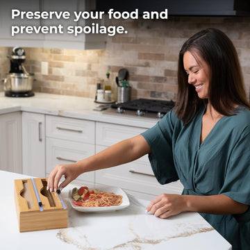 Bamboo Wood Plastic Wrap Dispenser with Slide Cutter, Aluminum foil Parchment Paper Cling Wrap Organizer Dispenser