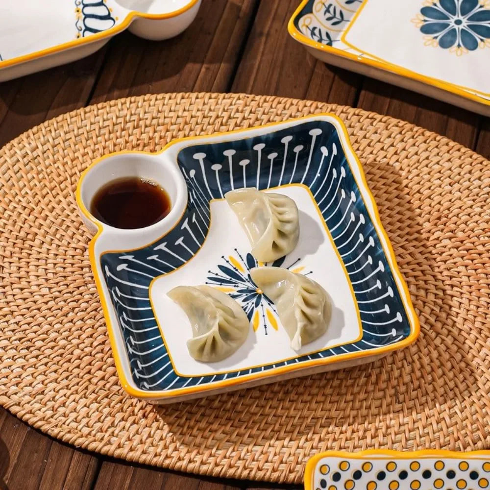 7-Inch Ceramic Dumpling Plate with Built-In Dipping Tray