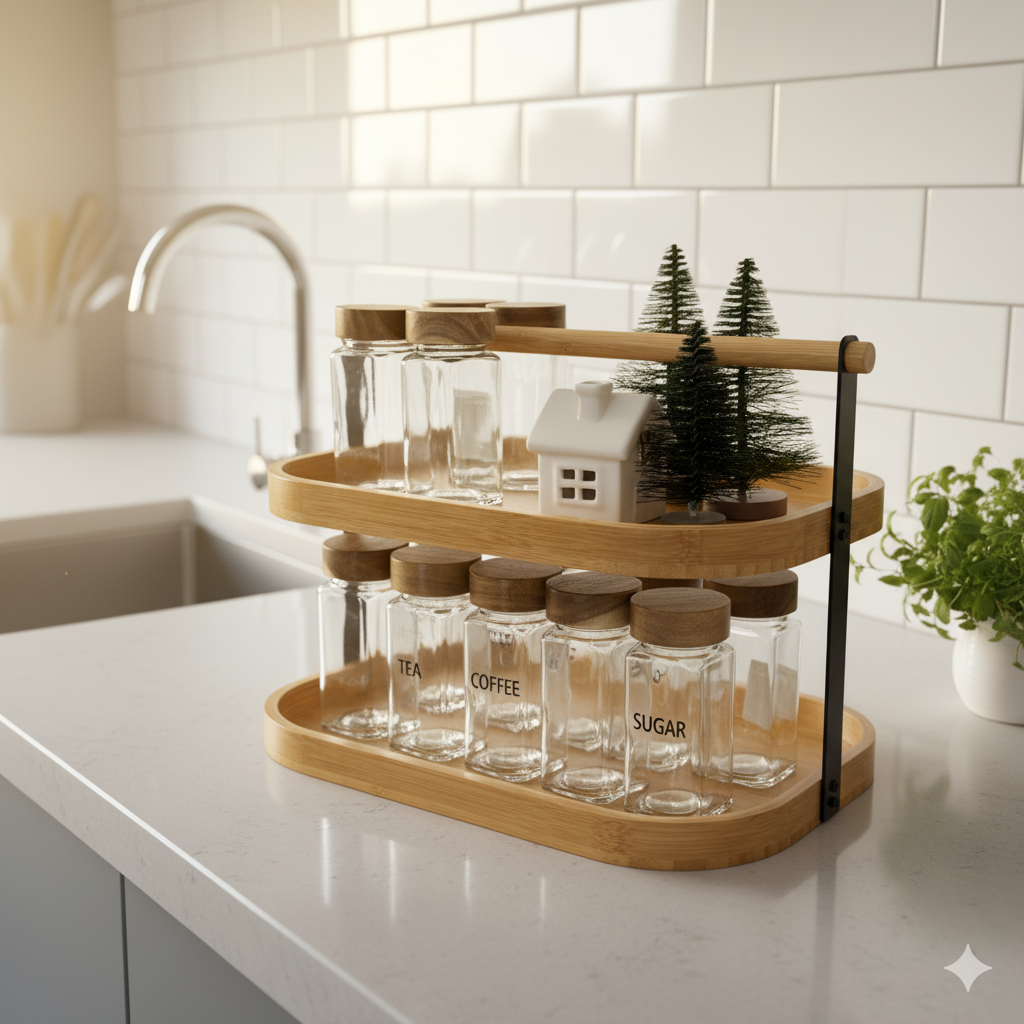 Two-Tiered Bamboo Stand Countertop Organizer