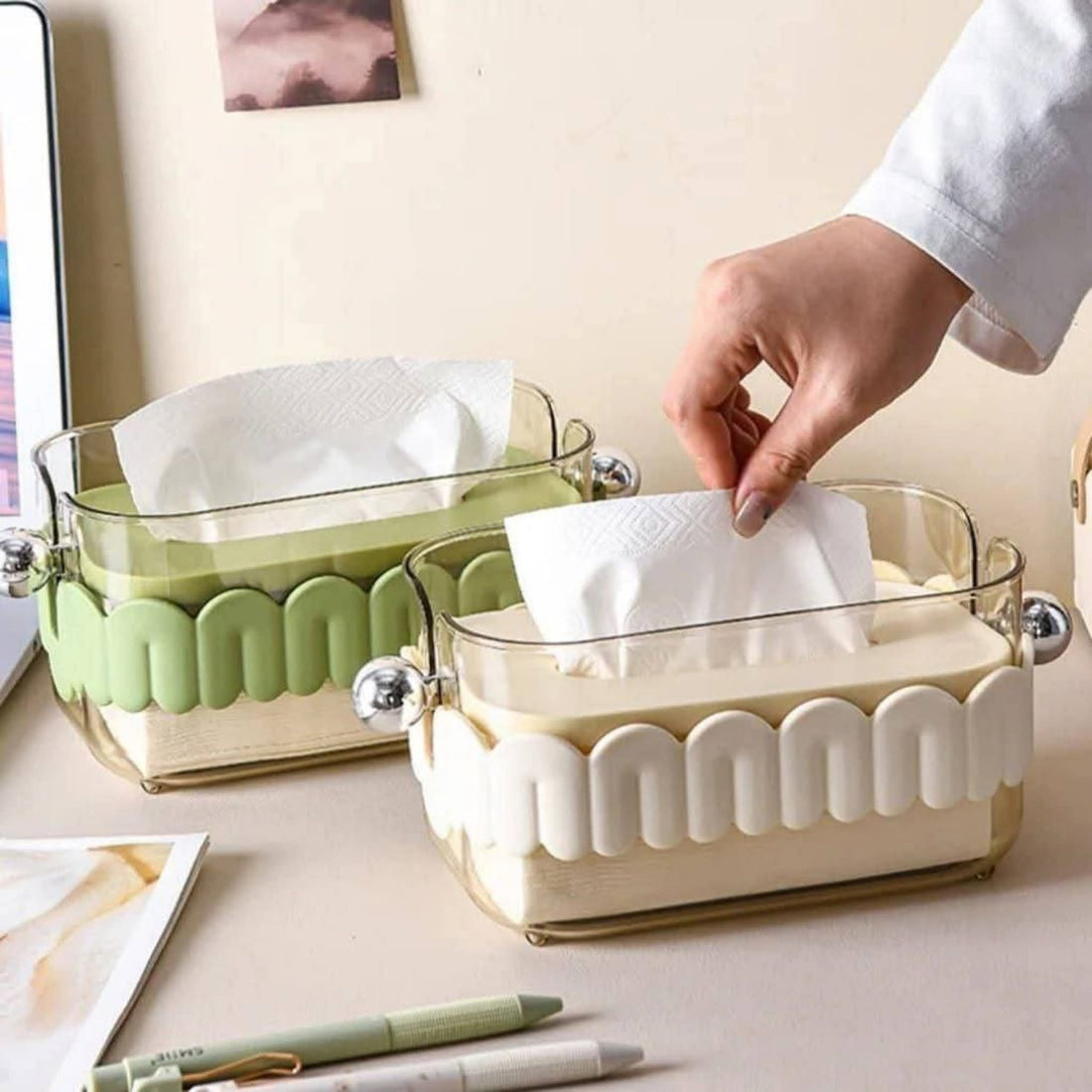 Elegant Cream-Colored Tissue Box Holder with Golden Accents