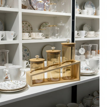 3-in-1 Diamond Top Borosilicate Glass Jar Set with Wooden Stand