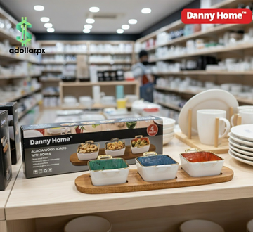 Danny Home Acacia Wood Platter with 3 Square Ceramic Bowls – 4-Piece Serving Set