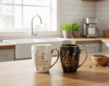 2 pcs Luxury Ceramic Mug – 350ml (Gold Handle & Floral Design)