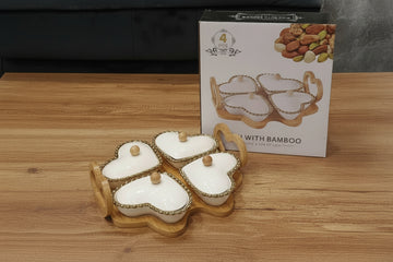 4-Piece Heart Shape Ceramic Condiment Set with Bamboo Tray