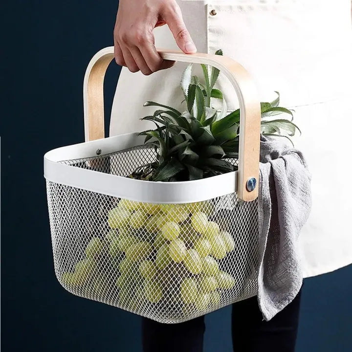 Mesh Steel Basket with Wooden Handle