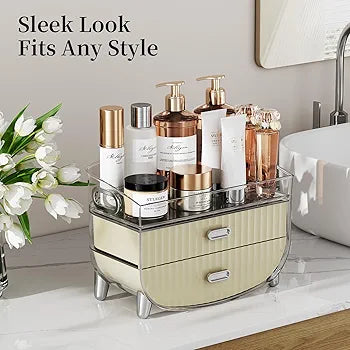 2-Tier Fluted Makeup Organizer with Drawers – Cream & Silver