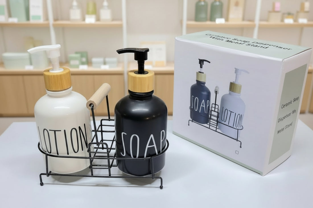 Ceramic Soap Dispenser Set with Iron Stand