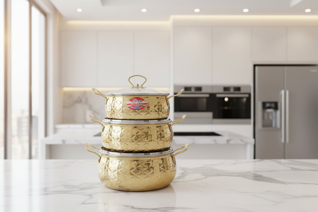 Premium 3-Piece Golden Stainless Steel Pot Set with Glass Lids