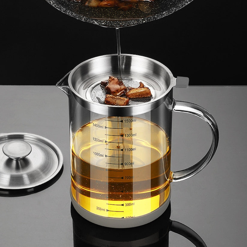 Transparent Glass Oil Filter Pot with Scale