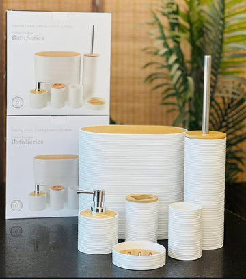 Modern 6-Piece Bathroom Accessories Set – Matte Black with Bamboo Lid