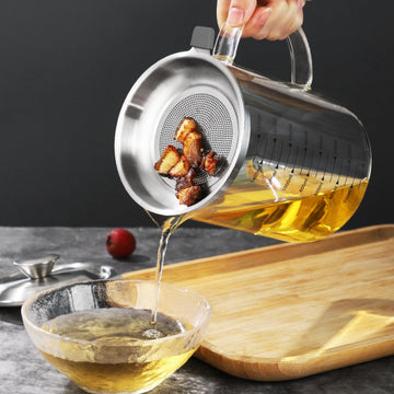 Transparent Glass Oil Filter Pot with Scale