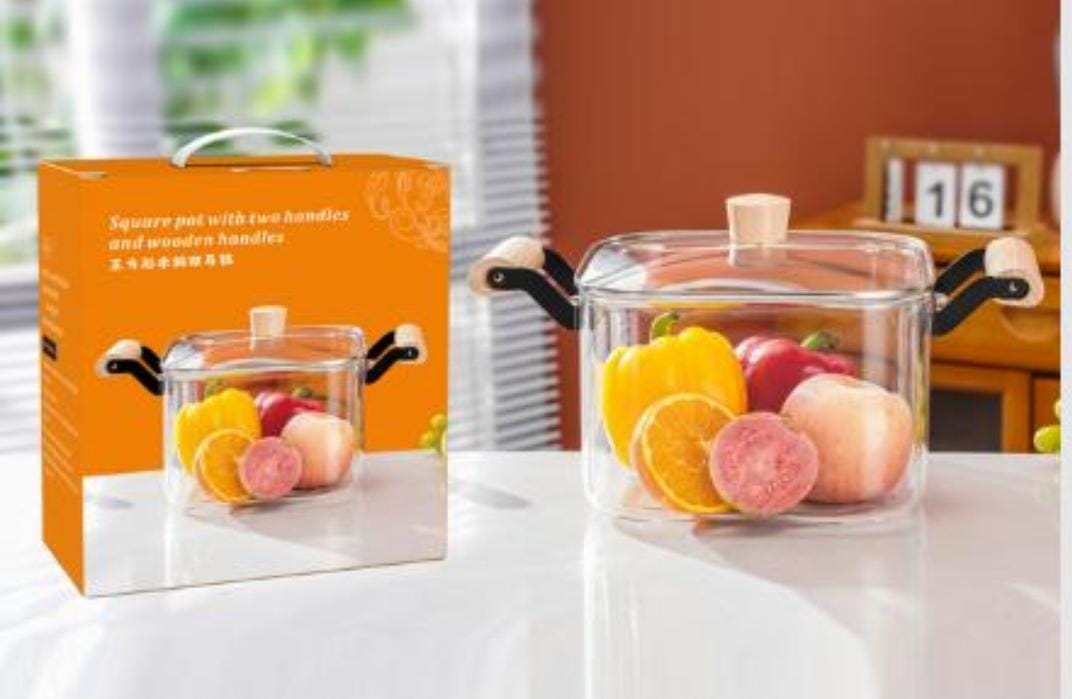4.0L Square Glass Cooking Pot with Wooden Handle