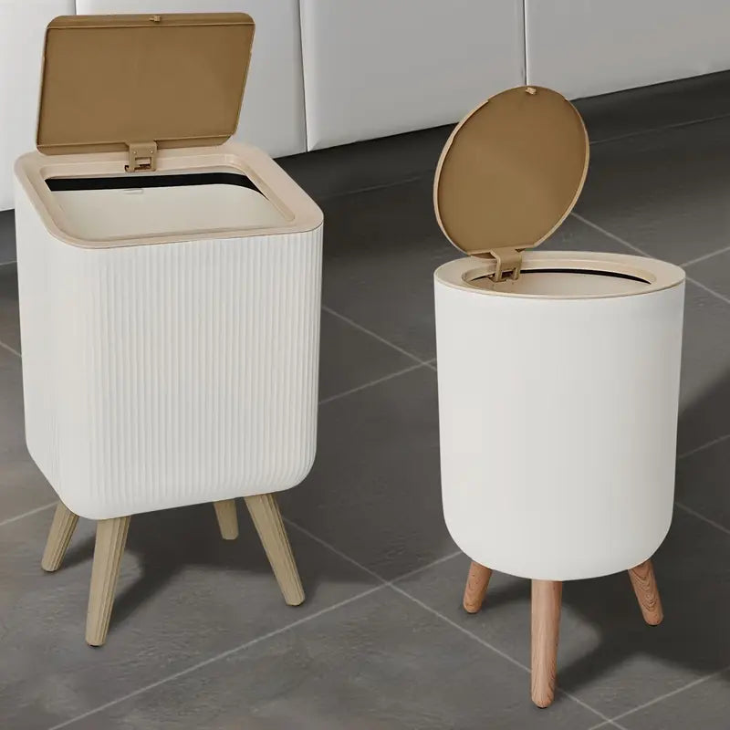 Modern Nordic-Style Push Top Trash Can with Wooden Lid &Leg