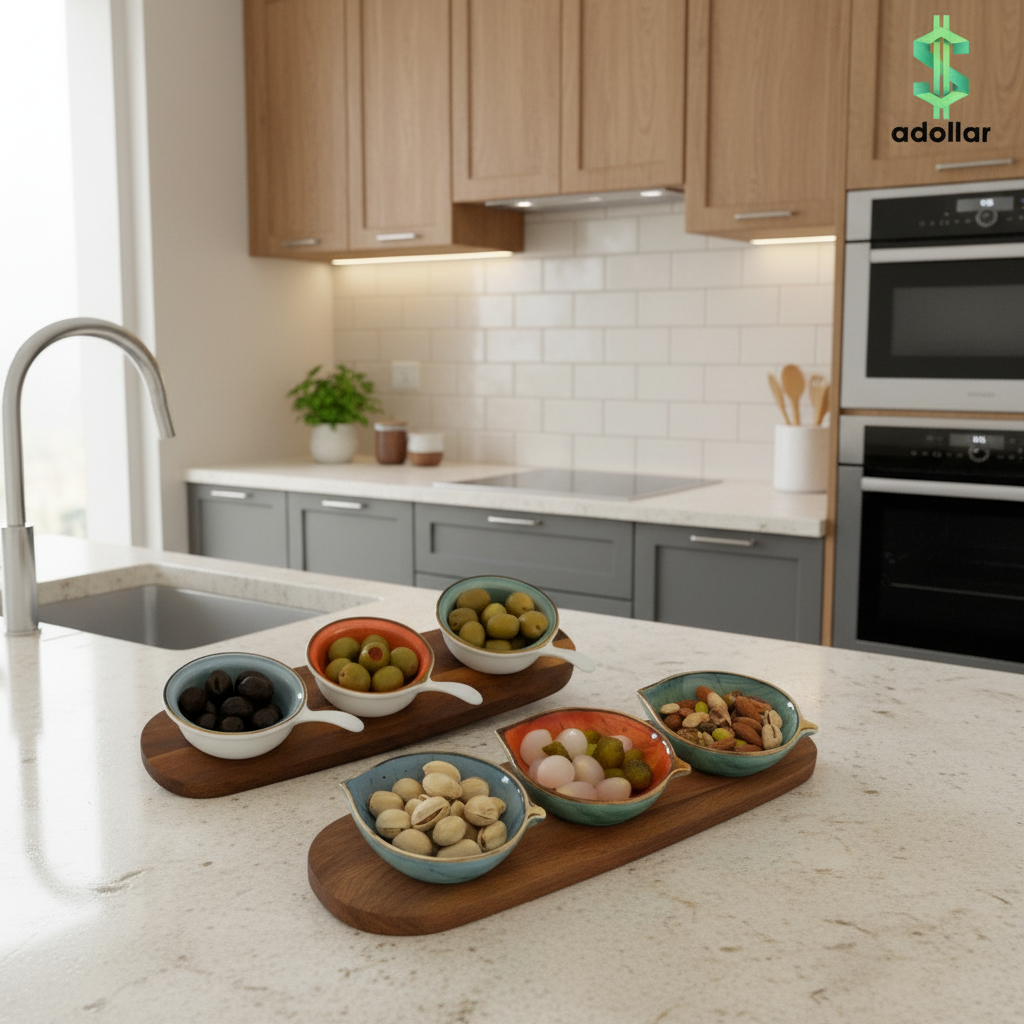 Danny Home Acacia Wood Platter with 3-Piece Ceramic Serving Bowls