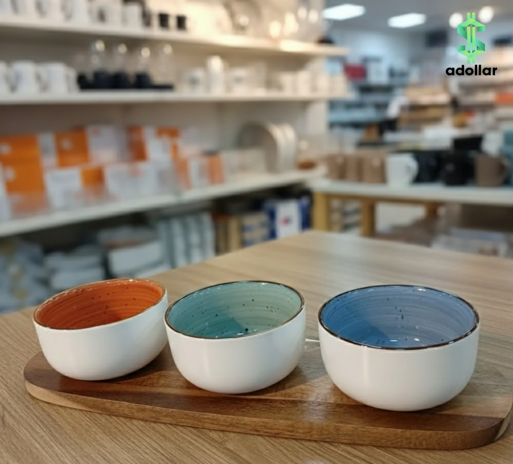 Danny Home Acacia Wood Platter with 3 Round Ceramic Bowls – 4-Piece Serving Set