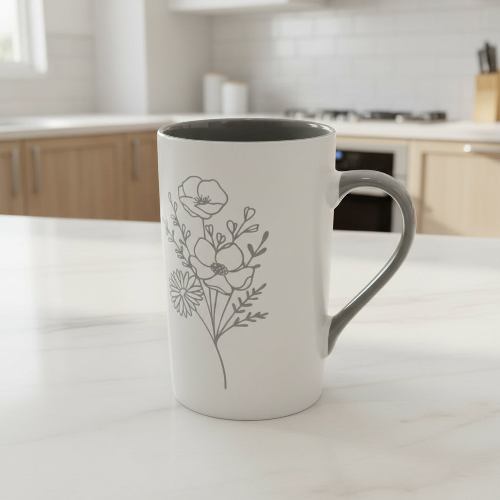 Tall Ceramic Coffee Mug – Botanical Sketch Design (350 ml)