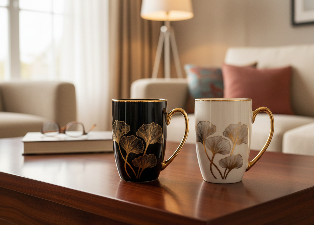 2 pcs Luxury Ceramic Mug – 350ml (Gold Handle & Floral Design)