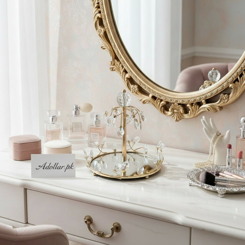 Crystal Golden Perfume & Makeup Accessories Tray