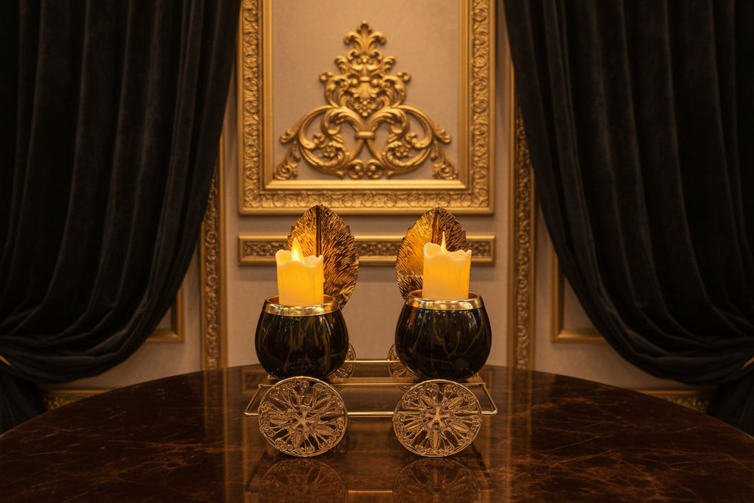 Luxury Metal Candle Holders – Black Marble & Gold Finish