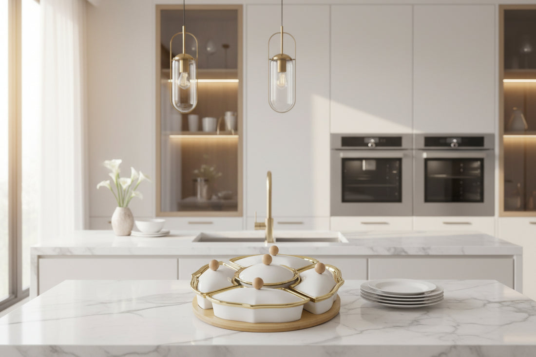 5-Compartment Ceramic Appetizer & Dessert Serving Set with Bamboo Tray