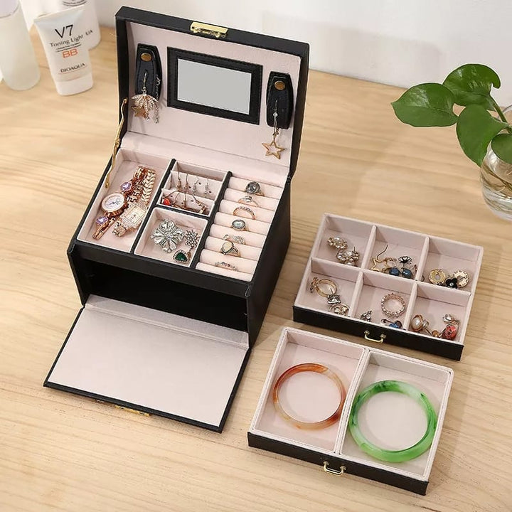 Women Jewellery Box, 3-Layer Travel Jewellery Organiser with Mirror & Lock,