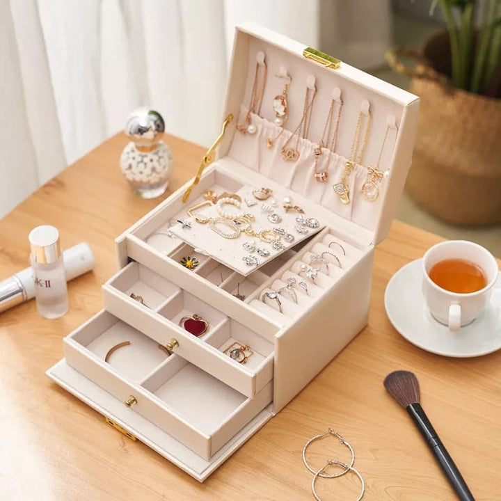 Women Jewellery Box, 3-Layer Travel Jewellery Organiser with Mirror & Lock,