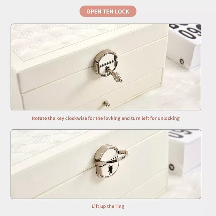 2-Layer Leather Storage Box with Mirror Earring Necklace Ring Watch Organizer (White)