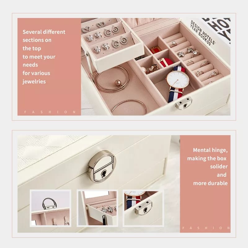 2-Layer Leather Storage Box with Mirror Earring Necklace Ring Watch Organizer (White)