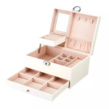 2-Layer Leather Storage Box with Mirror Earring Necklace Ring Watch Organizer (White)