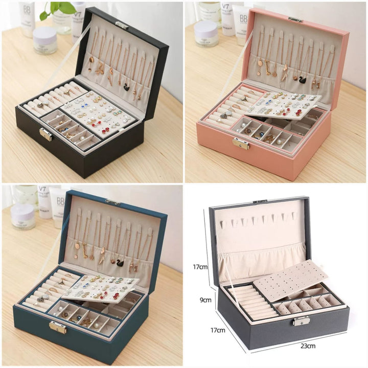 Premium Leather Jewelry Box Double Layer Storage