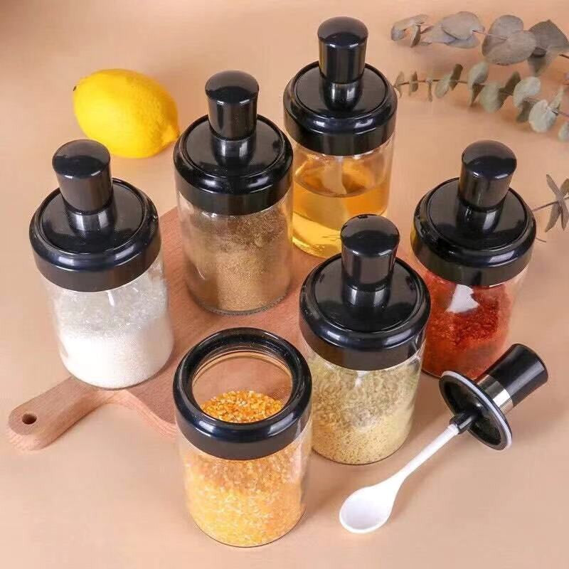6 Pcs Condiment Spice Jars Revolving Base With Glass Bottle