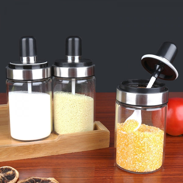 6 Pcs Condiment Spice Jars Revolving Base With Glass Bottle