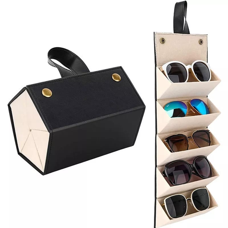 5-Slot Travel Foldable Sunglasses Organizer-  Leather Hanging Eyeglasses Case