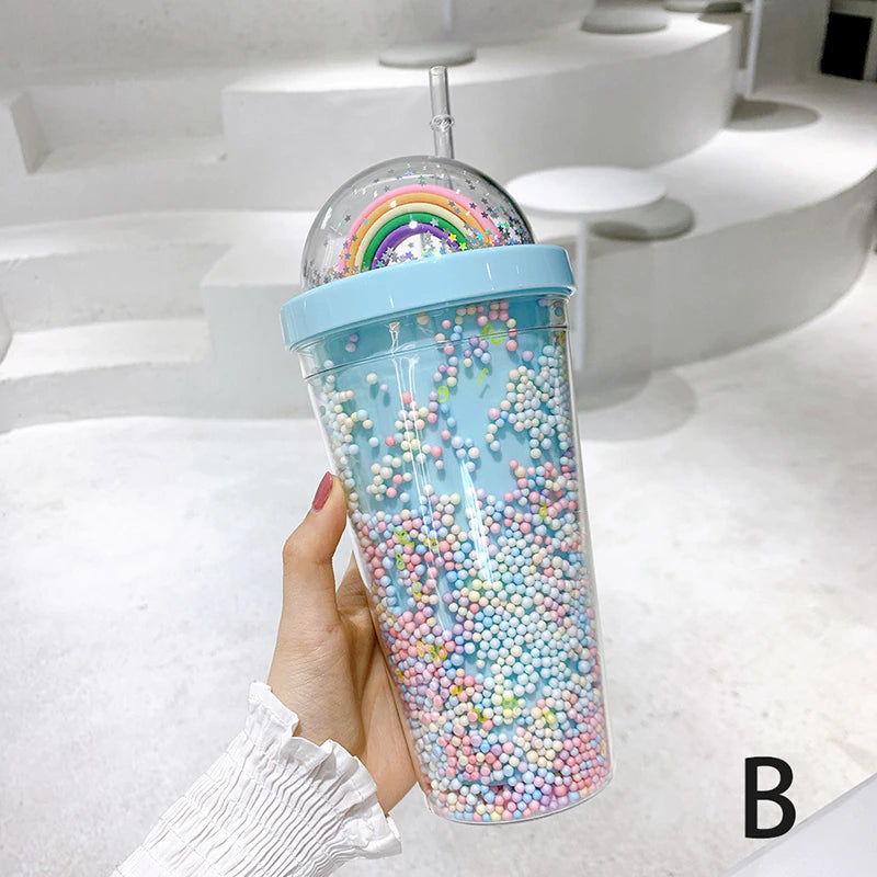 Rainbow Plastic Water Bottle With Straw