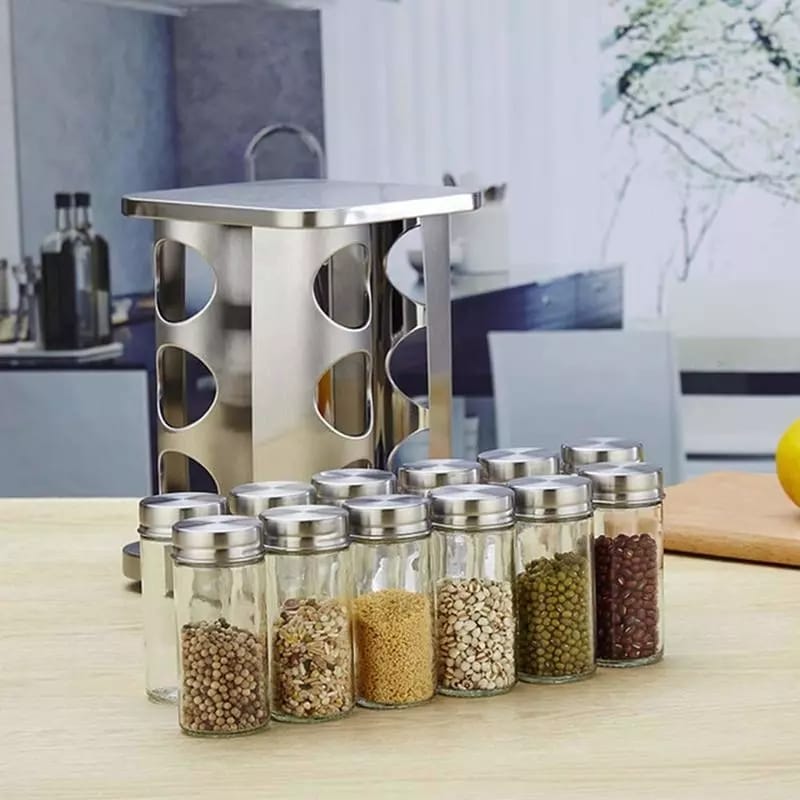 Kitchen Stainless Steel Spice Jar Revolving Base 12-Piece Set