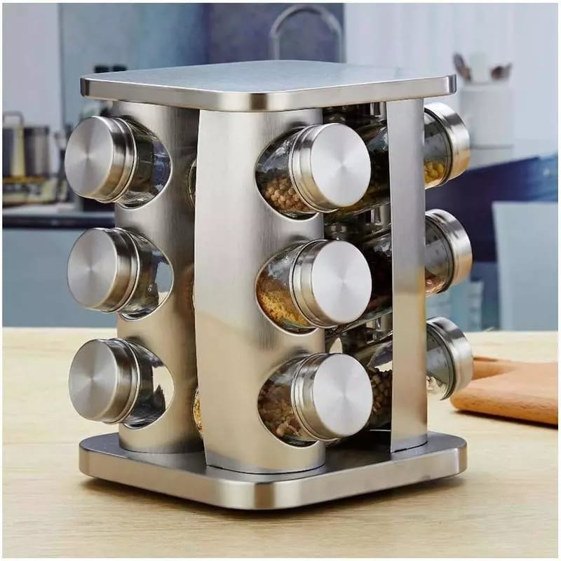 Kitchen Stainless Steel Spice Jar Revolving Base 12-Piece Set