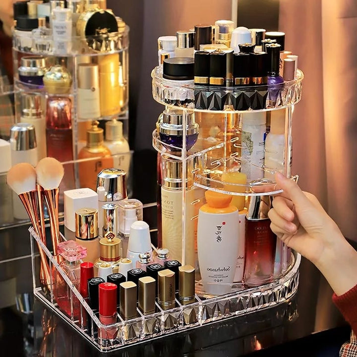 360° Rotating Makeup Organizer Stand with Cosmetic Holder Tray | Acrylic