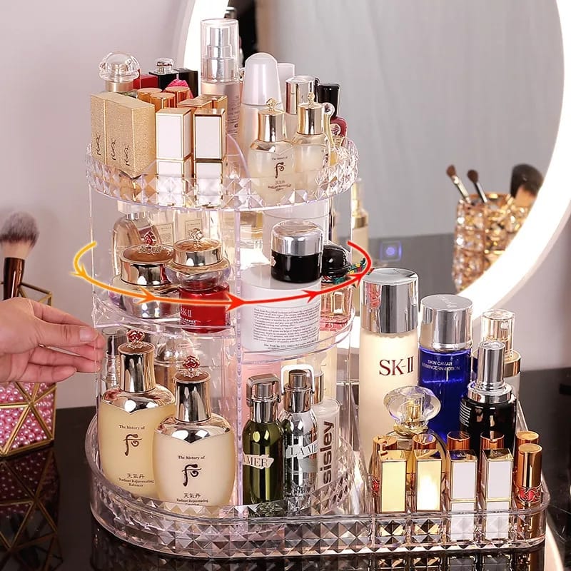 360° Rotating Makeup Organizer Stand with Cosmetic Holder Tray | Acrylic