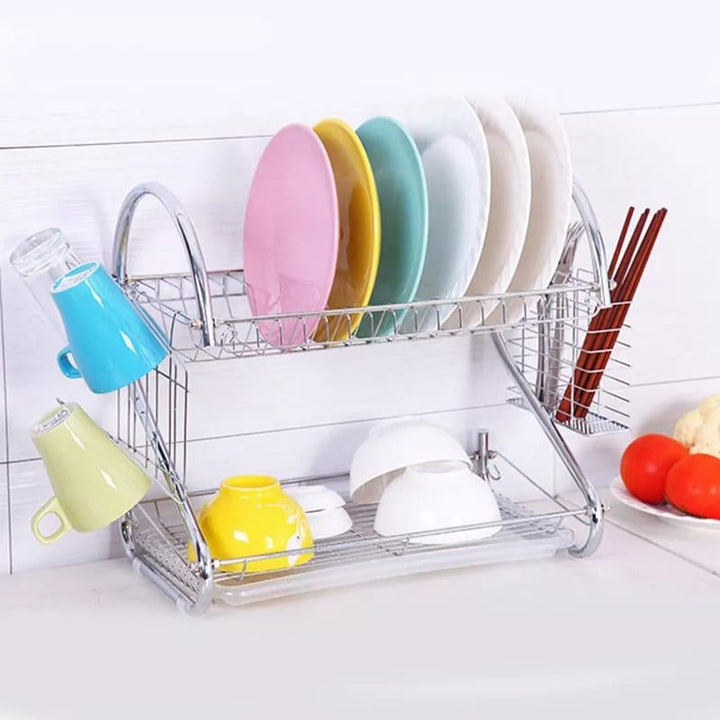 2 Layer Dish Drying Rack With Cup & Knife Holder