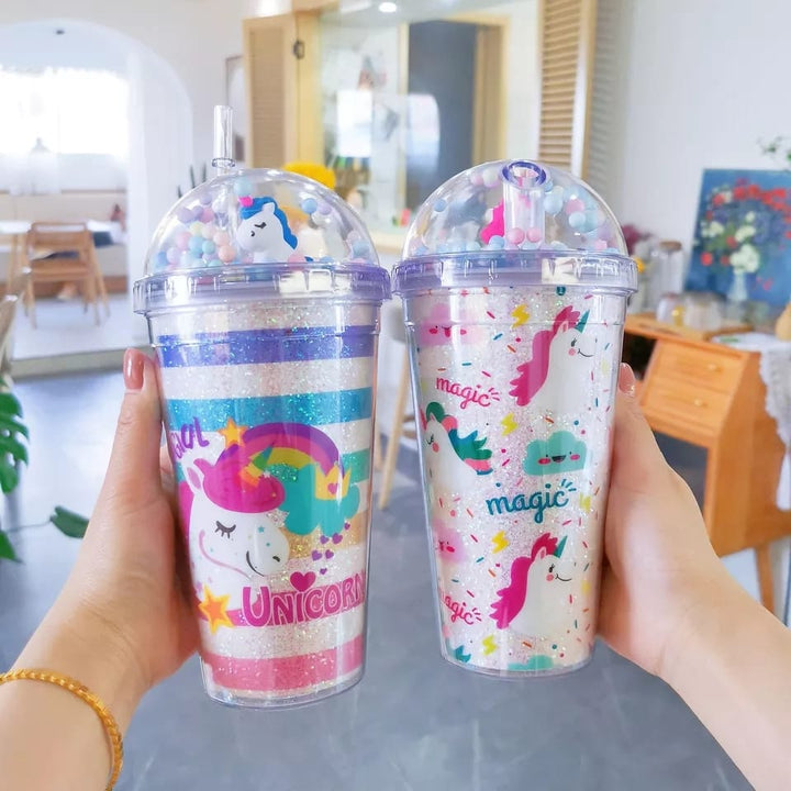 Unicorn Plastic Reusable Water Cup with Lid  and Straw and light (550ml)