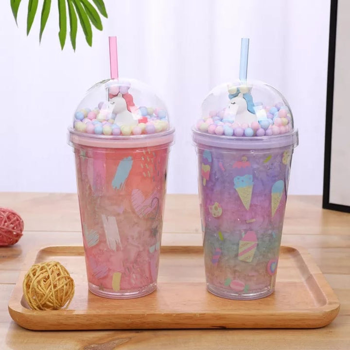 Unicorn Plastic Reusable Water Cup with Lid  and Straw and light (550ml)