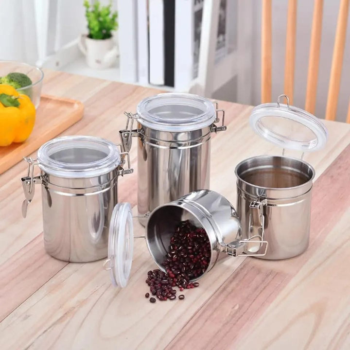 4 pcs Airtight Stainless Steel Jar Canister Coffee Flour Sugar Tea Container Holder