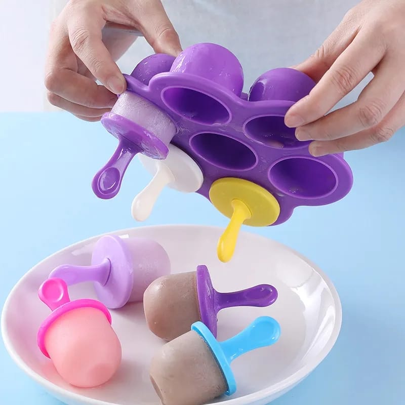 Mini Silicone Popsicle Mold 7-cavity DIY Ice Pop Mold with Colorful Plastic Sticks